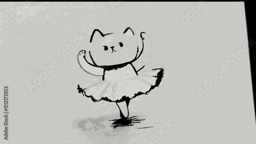 Cartoon cat dancing in a tutu on a gray background  