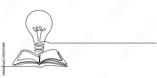 Bright book, Opened book with light bulb in one continuous line drawing. Symbol of idea for business or schedule. Light bulb and book in simple linear style. Editable stroke. Doodle line illustration.
