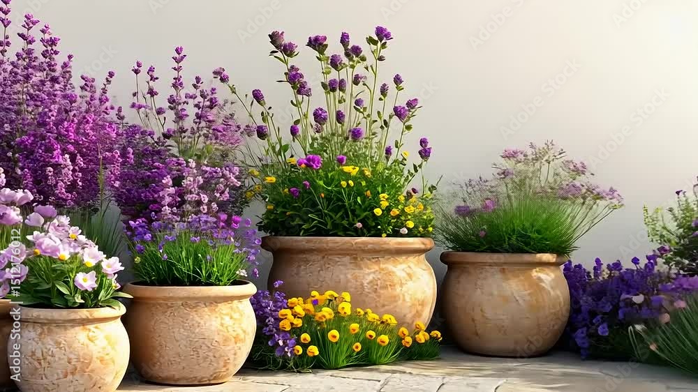 Exquisite Floral Display: Potted Lavender and Diverse Bloom in the Garden Outdoor Exquisite Floral Display: Potted Lavender and Diverse Bloom in the Garden Outdoor