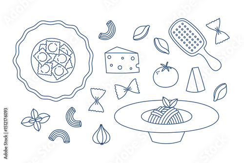 Set of outline pasta, cheese, tomato and garlic. Doodle drawing for banner, flyer, card, menu design. Isolated vector illustration