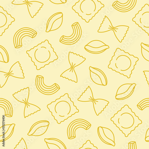 Seamless pattern with yellow outline pasta on beige background. Doodle drawing for banner, flyer, card, menu design. Vector illustration