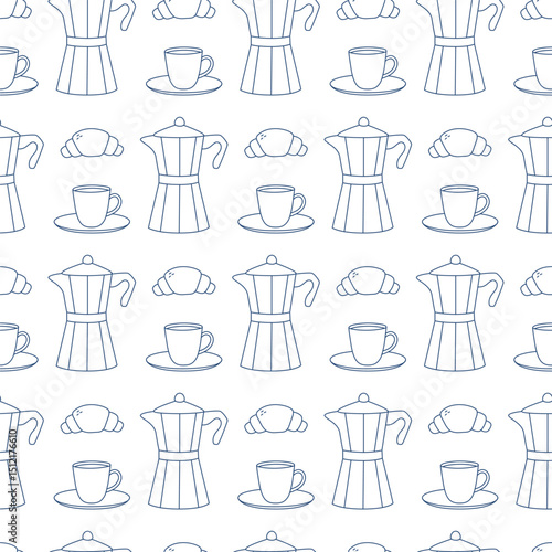 Seamless pattern with outline Italian metallic coffee maker, cup and croissant. Background for poster, banner, fabric, menu and print design. Vector illustration