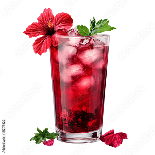 Refreshing glass of hibiscus iced tea isolated on  white and transparent background