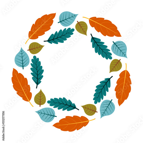 Colorful autumn leaf wreath design featuring assorted leaves in various shapes and shades