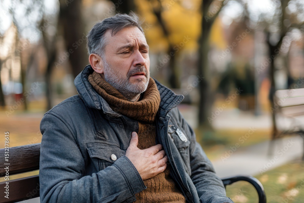 Man Clutches Chest with Pain in Urban Park Man Clutches Chest with Pain in Urban Park