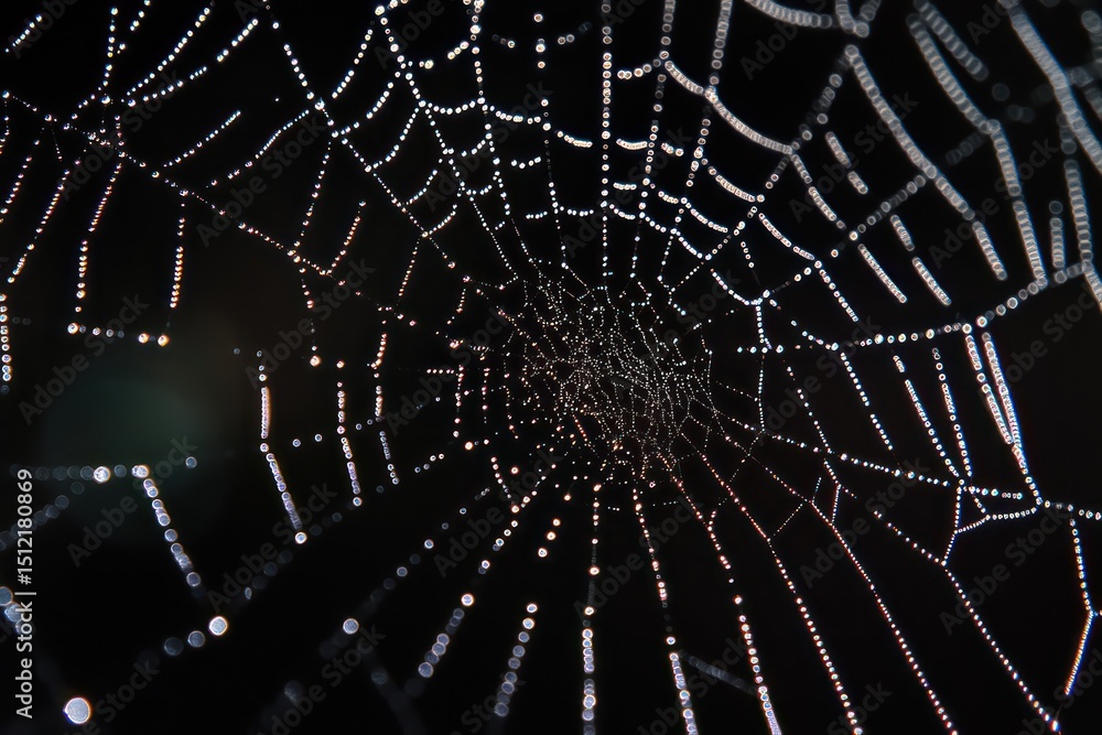 Naklejka premium Dewy Spider Web Sparkling in Sunrise Light