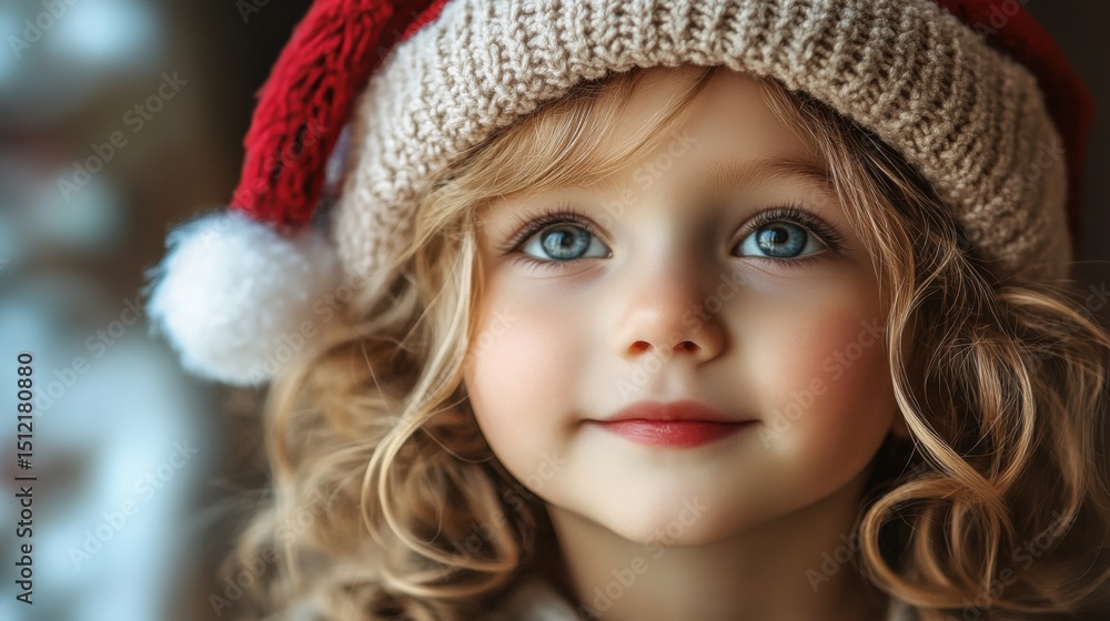 Child in festive hat looking thoughtfully with striking blue eyes during winter season, capturing the spirit of holiday joy and innocence Child in festive hat looking thoughtfully with striking blue eyes during winter season, capturing the spirit of holiday joy and innocence