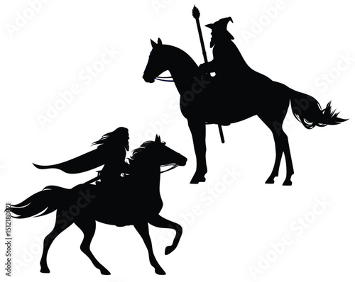 fantasy wizard riding horse galloping forward and standing - medieval fairy tale bearded magician man black and white vector silhouette set