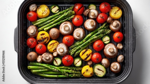 Grilling vegetables in a basket with vibrant colors and minimalistic presentation
