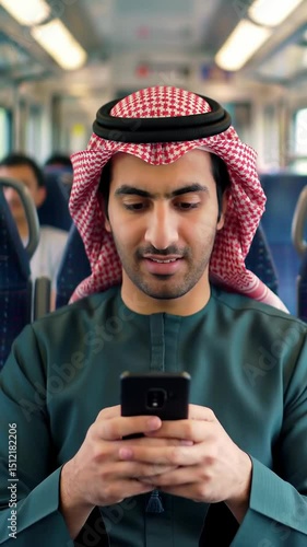Young Arab Man in Keffiyeh Using Smartphone on Bright Train Commute