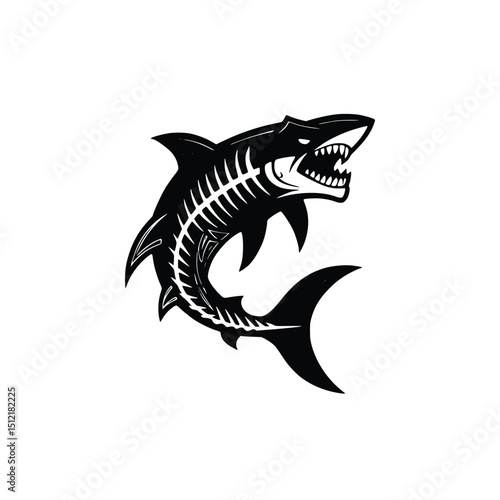 A menacing shark with skeletal features, isolated on white background. Silhouette Art
