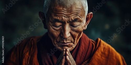 Elderly monk engaged in deep meditation wearing traditional orange robes in serene outdoor setting