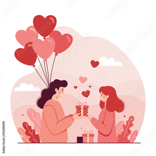 Two women exchanging gifts while surrounded by heart-shaped balloons