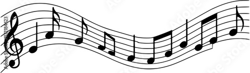 Music notes silhouette. This image shows black musical note outlines on a wavy staff. Vector clipart illustration design