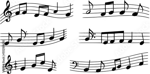Music notes silhouette. This image shows black musical note outlines on a wavy staff. Vector clipart illustration design
