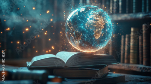 Glowing Blue Holographic Globe above Open Book on Old Books in Dark Library
