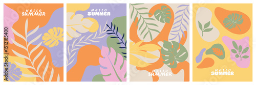 Minimal summer greeting card set with leaves floral art, 
 Perfect for ads, posters, labels branding templates