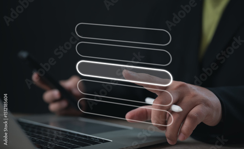 A user interacts with a virtual interface using a stylus to select a glowing horizontal option bar, symbolizing digital selection, user input, system navigation, and modern UX design.