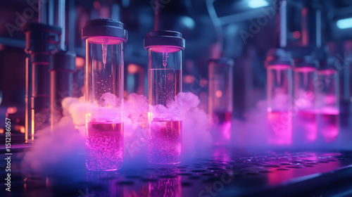 Glowing Pink and Purple Liquids in Cryogenic Tubes in a Futuristic Laboratory Setting