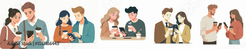 vector of a man and woman chatting while drinking coffee
