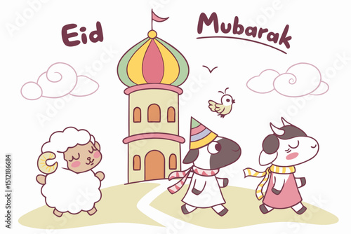 Cute animal procession Plump cartoon sheep, cow, and goat wearing tiny Eid scarves marching happily toward a candy-colored mosque. Birds carrying ribbons that say 'Eid Mubarak', clouds shaped like ket
