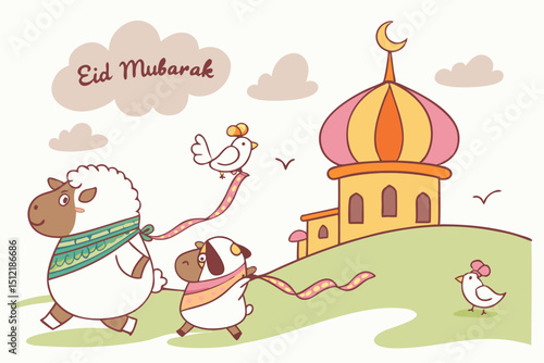 Cute animal procession Plump cartoon sheep, cow, and goat wearing tiny Eid scarves marching happily toward a candy-colored mosque. Birds carrying ribbons that say 'Eid Mubarak', clouds shaped like ket