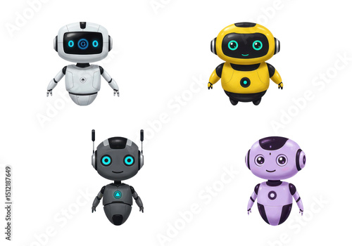 Four stylized robots against dark background