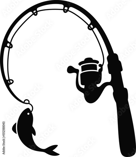 A black and white silhouette illustration of a fishing rod bent with a fish caught on the line design