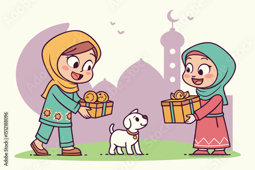 Cute cartoon illustration Diverse Muslim children exchanging Eid al-Adha gifts and cookies. One boy carries a mini toy goat, girls wear hijabs with Eid motifs. Bright colors, playful expression, flat 
