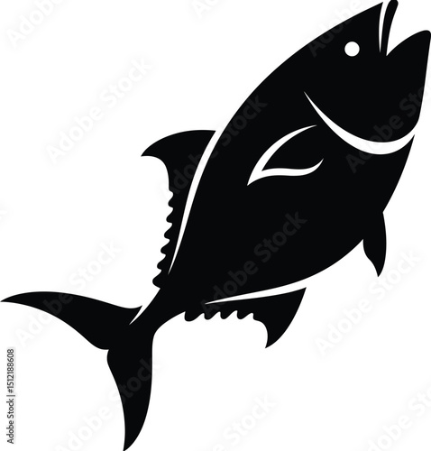 A stylized black silhouette of a tuna fish with prominent fins and tail on a white background art