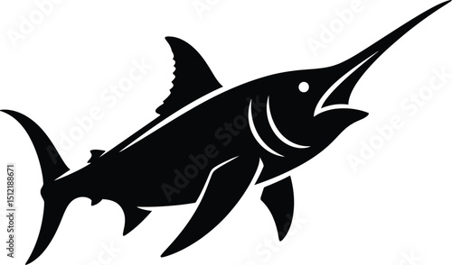 A sleek black silhouette of a marlin with its distinctive bill prominently displayed against white backdrop