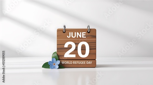 Wooden calendar showing june twentieth world refugee day with a blue flower detail