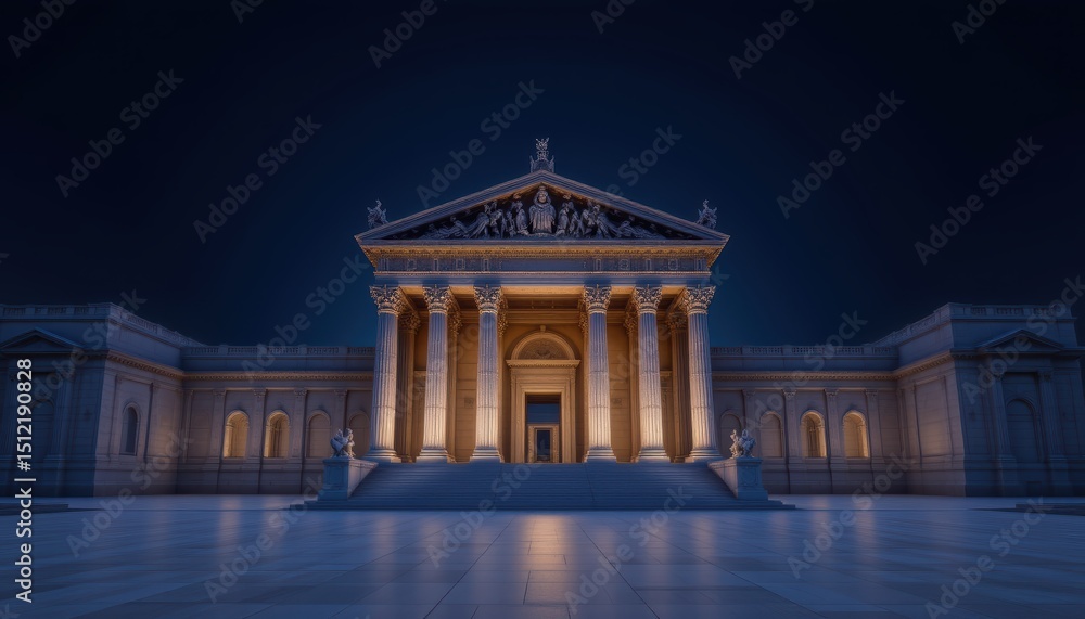 Fototapeta premium Illuminated Historic Building With Grand Columns and Statues at Night in Urban Environment