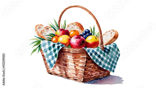 Watercolor style illustration of picnic basket filled with fresh fruits, bread, and greenery, placed on blue checkered cloth, evoking cheerful and rustic vibe