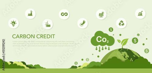 Carbon credit Concept. about the amount of Limit greenhouse gases for the environment and reducing carbon dioxide emissions in various industrial sectors. Green vector illustration.
