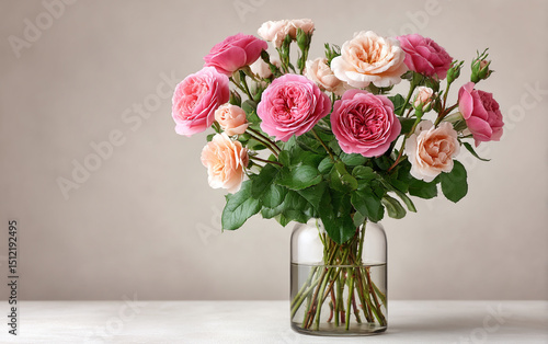 Wallpaper Mural Rose bouquet arranged in a clear glass vase, centered under soft lighting in a clean white studio setting. Elegant and minimal floral composition perfect for decor, editorial, or design projects.

 Torontodigital.ca