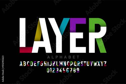 Layered font, alphabet letters and numbers vector illustration