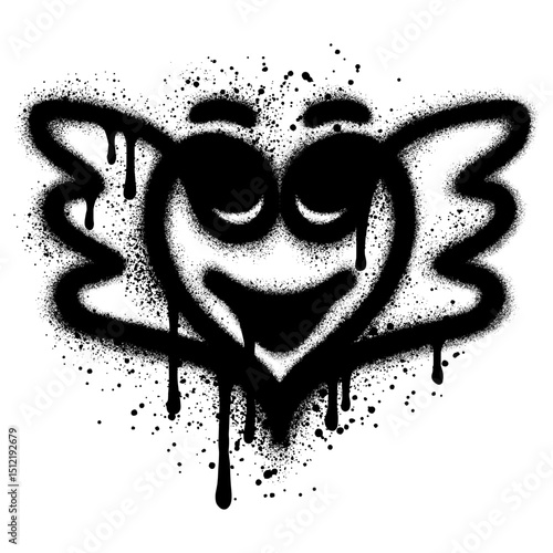 Spray Painted Graffiti heart wings icon Sprayed. graffiti love wings symbol with over spray in black over white.