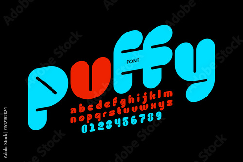 Puffy font, alphabet letters and numbers vector illustration
