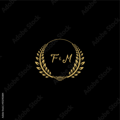 FM beautiful, feminine and elegant wedding monogram initial logo with circle floral gold