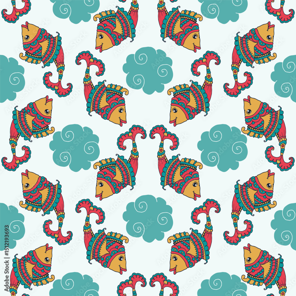 Fototapeta premium Seamless Folk Art Fish Pattern Design