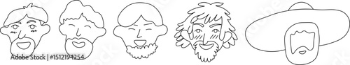 male portrait set in linear doodle style. illustration for postcard sticker poster print icon design mail