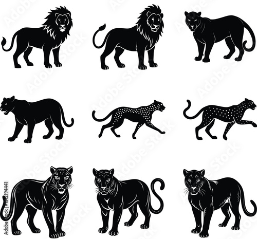 A collection of detailed black and white vector illustrations of lions, panthers, and cheetahs