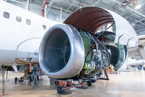 Open high bypass turbofan aircraft engine of a passenger airliner in airplane hangar