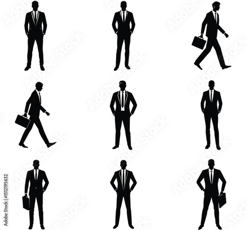 Elegant black silhouette illustrations of businessmen posing in various confident and professional business attire