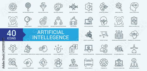 Artificial Intelligence icon collection set with image processing, pattern recognition, feature extraction, machine learning, computer vision