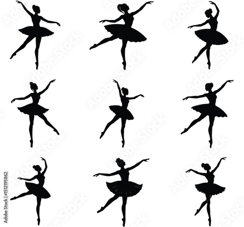 Silhouette of a ballet dancer in various poses demonstrating graceful movements on white background