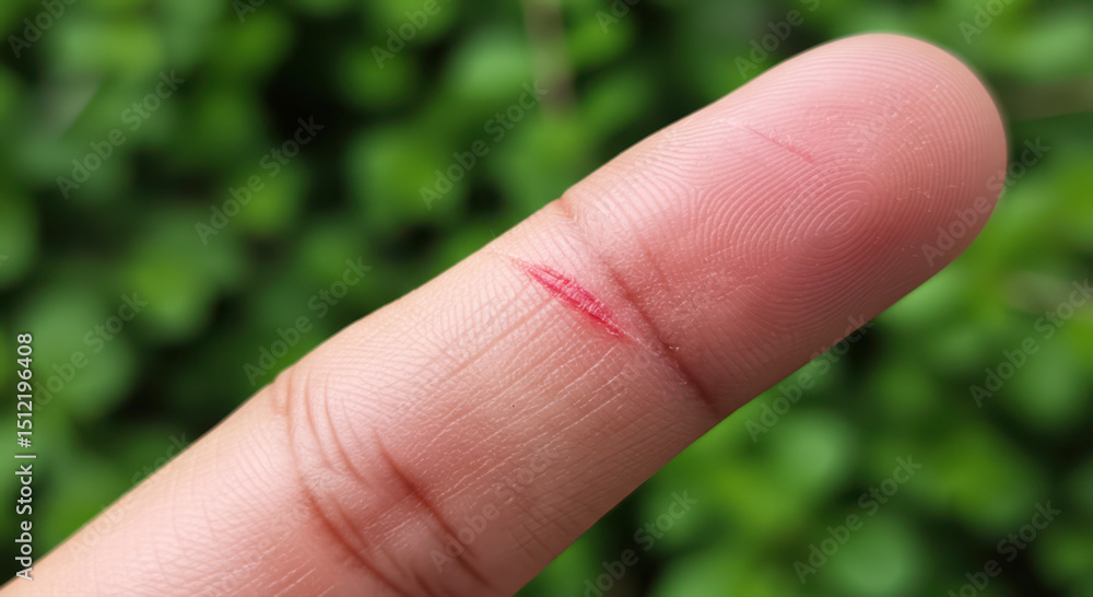 Close-up of a finger with a small cut against green foliage Close-up of a finger with a small cut against green foliage