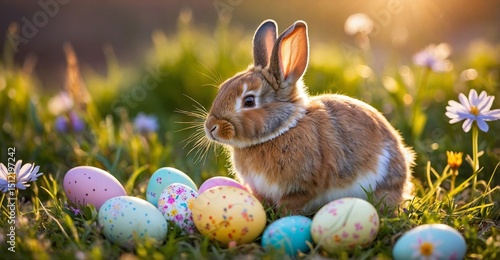 Cute brown bunny sitting in green grass surrounded by colorful Easter eggs, symbol of spring and celebration