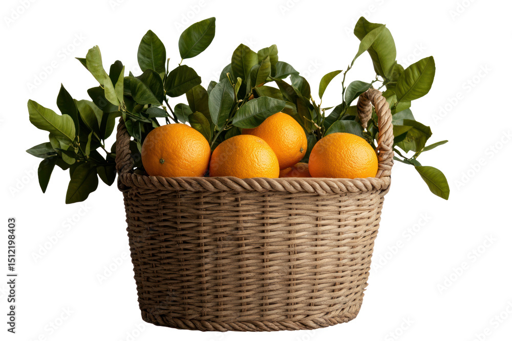 Citrus Abundance in a Basket: A bountiful harvest of vibrant oranges and fresh green leaves spill from a rustic woven basket. Citrus Abundance in a Basket: A bountiful harvest of vibrant oranges and fresh green leaves spill from a rustic woven basket.